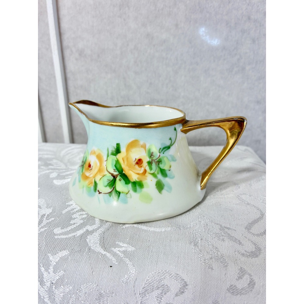 Z.S. & Co Bavaria Antique Porcelain Creamer Hand Painted Yellow Roses Gold Trim